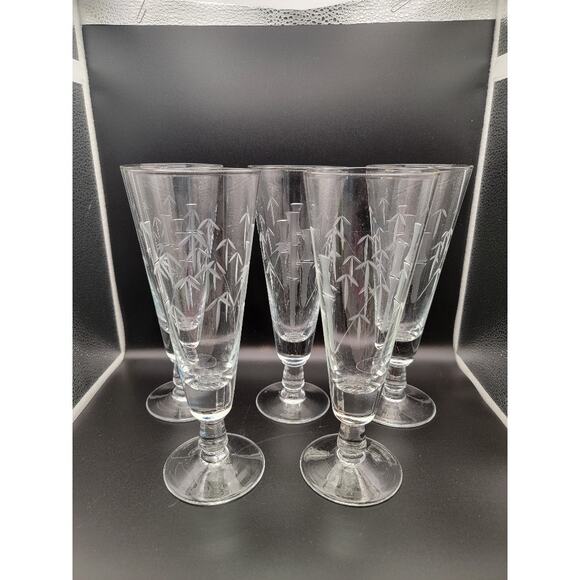 VTG Etched Bamboo Cut Crystal Glasses Set of 5 Tall‎ Pilsners Retro MCM Barware - Picture 11 of 12